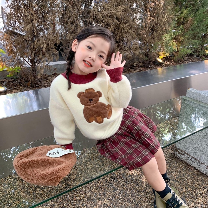 Set len gấu kèm chân váy dạ cho bé gái