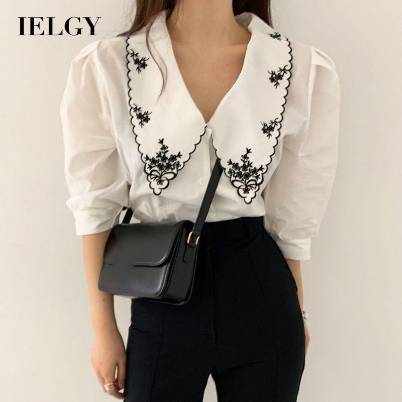 IELGY Áo Sơ Mi Cổ Bẻ Cài Một Hàng Nút Màu Sắc Tương Phản Phong Cách retro Hàn Quốc Cho Nữ