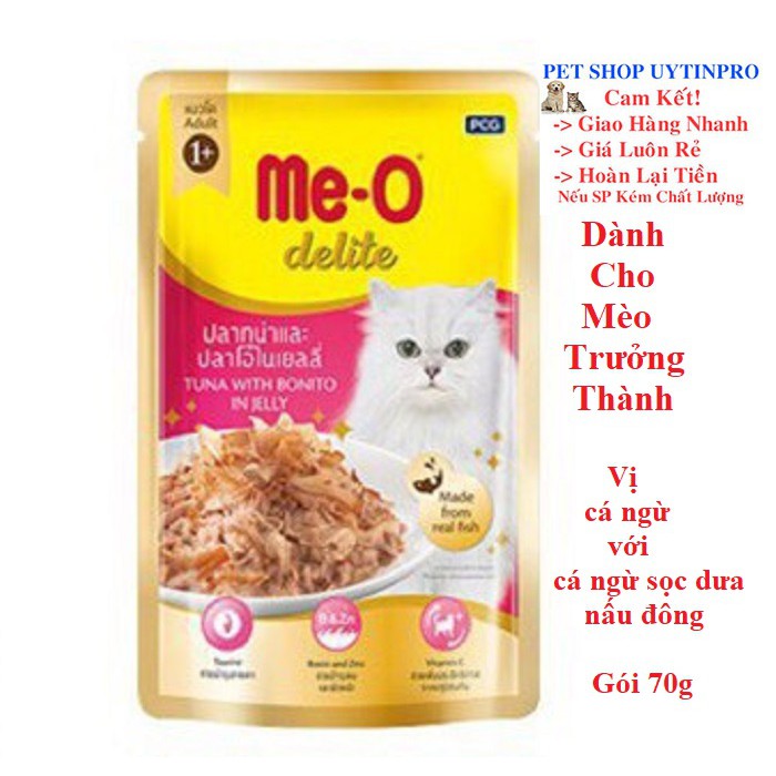 THỨC ĂN CHO MÈO Me-O delite Dạng Pate Vị cá ngừ với cá ngừ sọc dưa nấu đông Gói 70g Xuất xứ Thái Lan