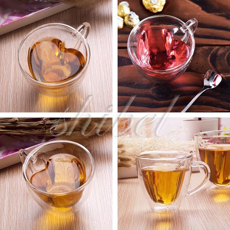 Ly Thủy Tinh Uống Trà Cà Phê 2 Lớp 240Ml Hình Trái Tim  có tay cầm