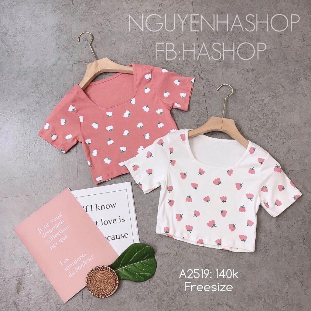 [Ảnh Thật] Áo croptop body ôm cổ tròn in Hoacực xinh cho các bạn nữ
