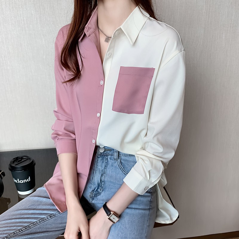 Áo sơ mi tay dài dáng rộng màu tương phản thời trang cá tính dành cho nữ
