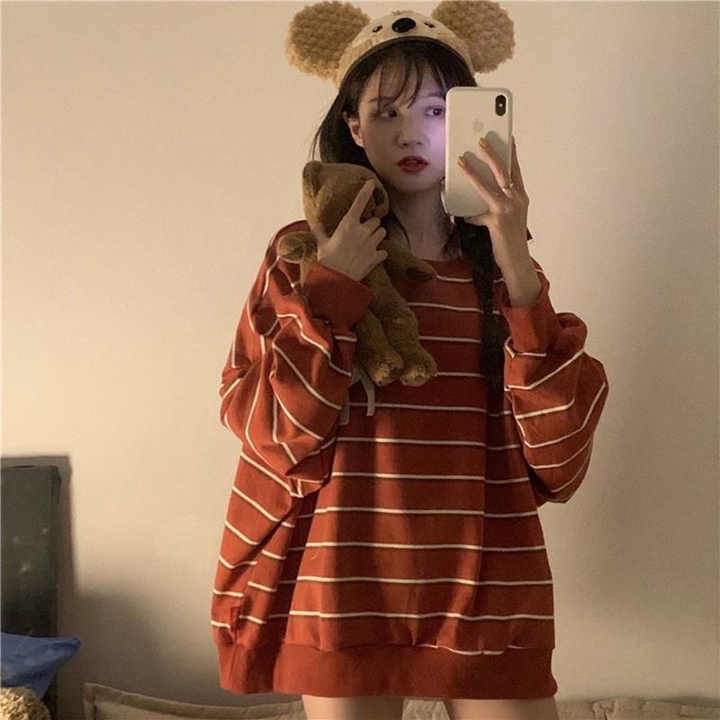 Áo sweater IELGY cổ tròn dáng rộng họa tiết kẻ sọc dễ phối đồ phong cách Harajuku thời trang Hàn Quốc cho nữ