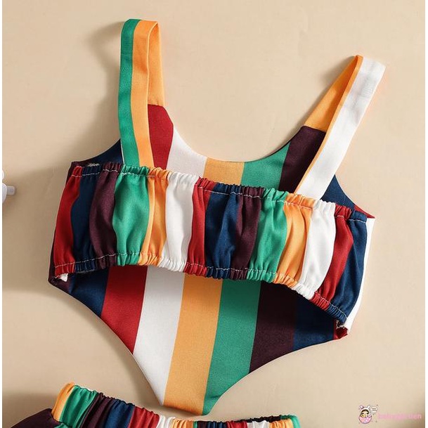 Bộ Áo Hai Dây + Quần Ngắn Lưng Cao Họa Tiết Sọc Cầu Vồng Thời Trang Mùa Hè Cho Bé Gái 0-4 Tuổi