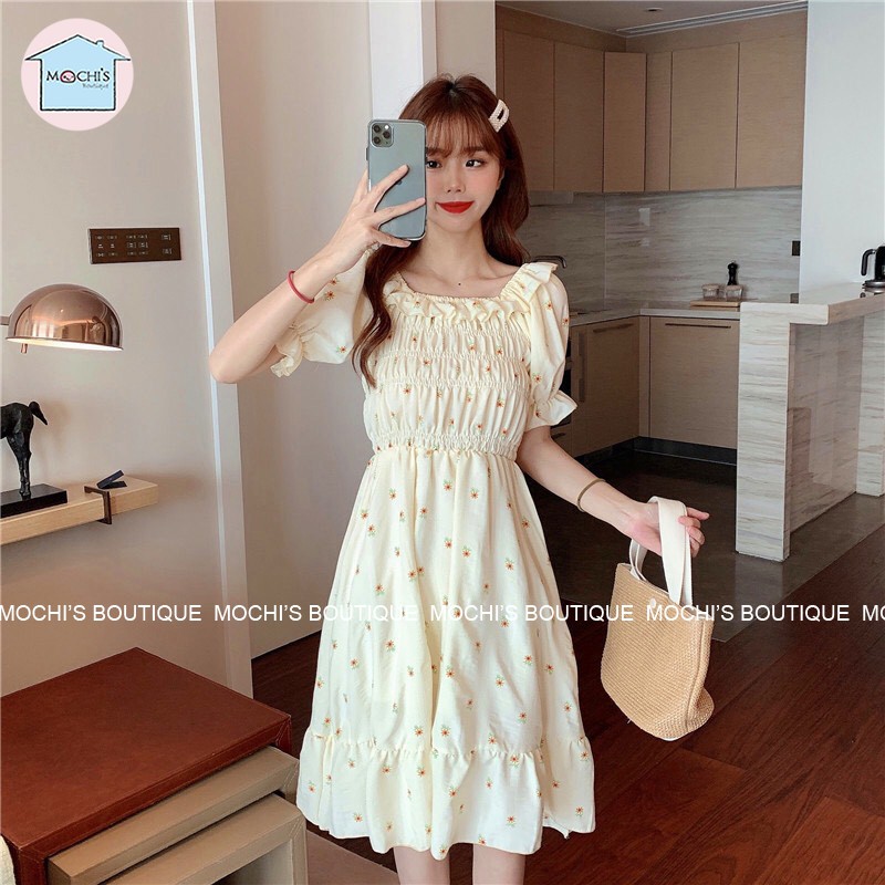 Váy đầm bánh bèo dáng xòe họa tiết hoa, mẫu váy đầm nữ đẹp mặc được 2 kiểu trễ vai hoặc cổ vuông, tiện lợi-M010 | BigBuy360 - bigbuy360.vn