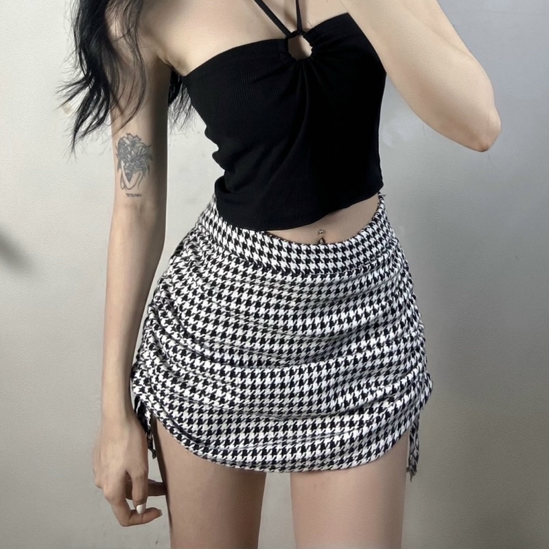 [ẢNH THẬT] CHÂN VÁY NGẮN RÚT 2 BÊN (CÓ LÓT TRONG) CHẤT DỆT KIM DÀY DẶN DẠ CARO SIÊU HOẠ