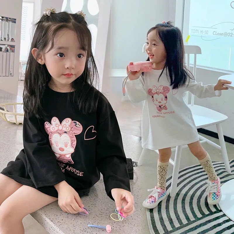 Đầm thun tay dài in hình chuột Mickey hoạt hình thời trang mùa thu mới cho bé gái 2021