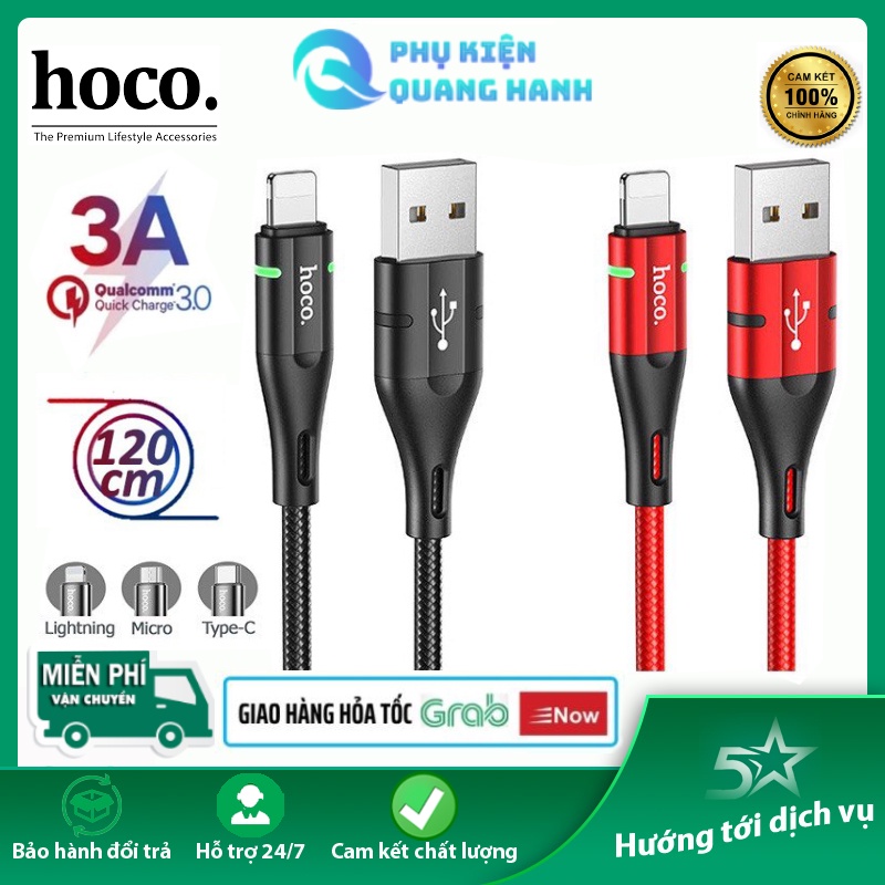 Cáp sạc nhanh Hoco U93 siêu bền 3A đầu iPhone, Android, iPad dây dài 1.2m - Chính hãng