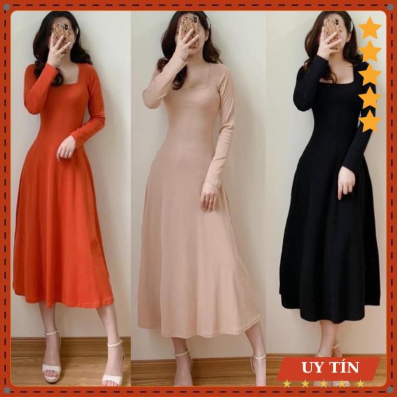 Đầm cổ vuông thun dài tay Eva_home_fashion