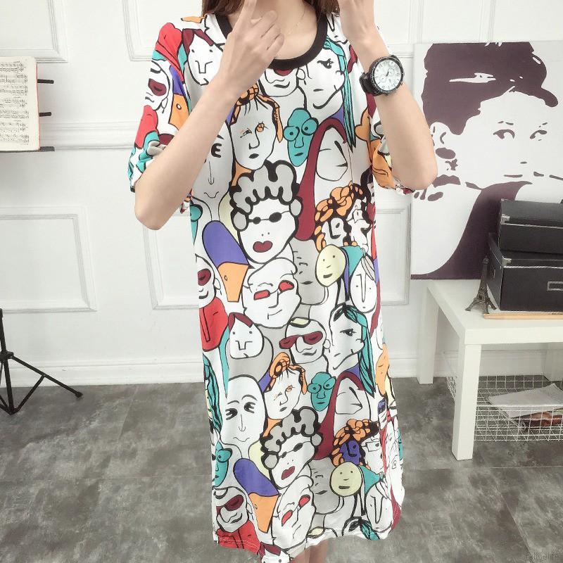 Đầm Tay Ngắn Dáng Rộng In Hình Cô Gái Phong Cách Hàn Quốc Thời Trang Cho Nữ