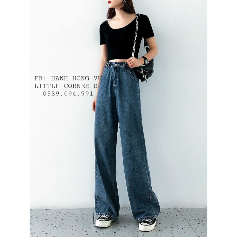 Quần baggy jean retro ống dài 100cm nút hông phối kiểu form cạp cao ulzzang kèm ảnh thật hàng có sẵn