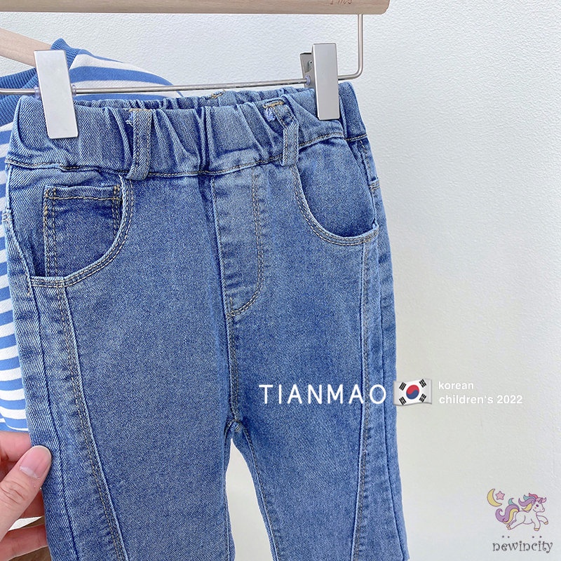 Set Áo Thun Tay Dài Sọc Ngang + Quần Jeans Lưng Thun Cho Bé Gái