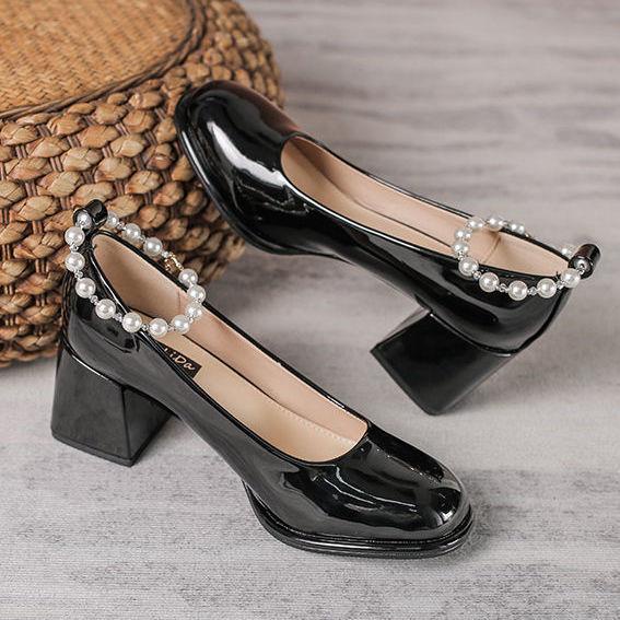 Giày Búp Bê Mũi Vuông Gót Vừa Dày Vừa Đính Ngọc Trai Phong Cách retro Pháp Thời Trang Mùa Xuân Hàng Mới Dành Cho Bạn Nữ