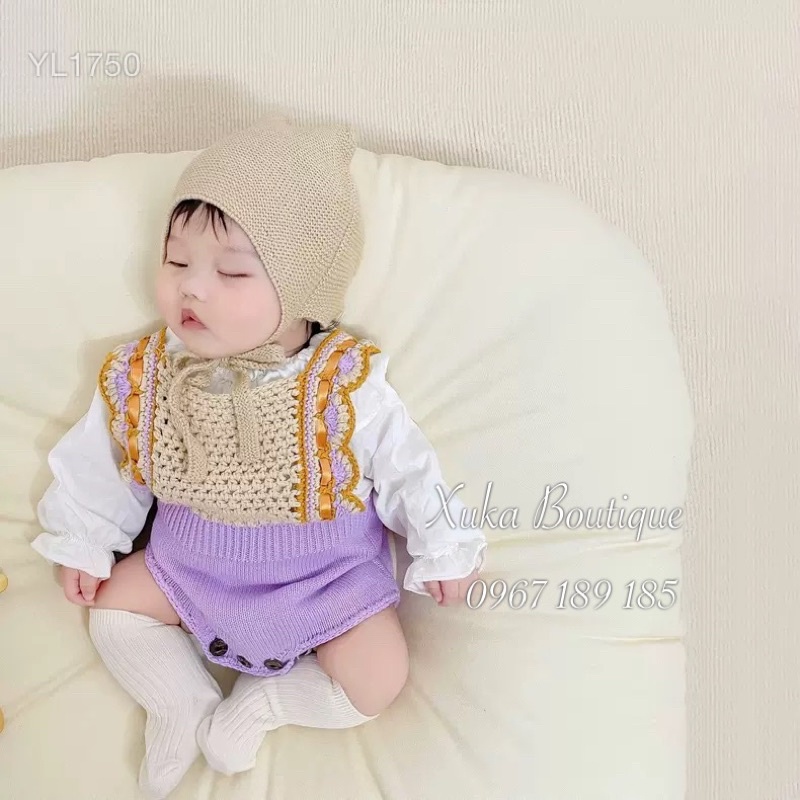 Yếm Len Bé Gái Màu tTím [Xuka Boutique] Bộ quần áo Len màu tím và áo thun cổ sen siêu xinh cho bé | Hàng QC Cao Cấp