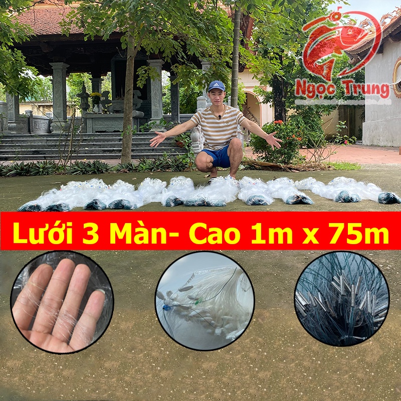 Lưới Đánh Cá, Bắt Cá 3 Màn - Cao 1m Dài 75m Mắt Lưới Then 4(8cm)