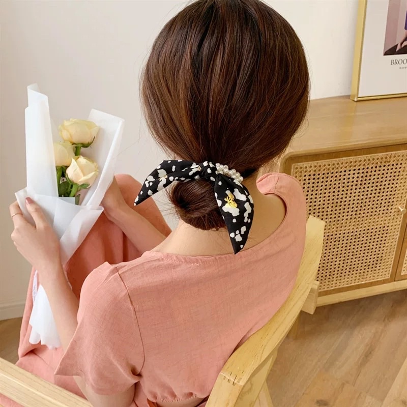 Dây buộc tóc nơ ngọc Hàn Quốc, ruy băng phụ kiện tóc