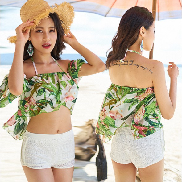 Bộ đồ bơi nữ 4 chi tiết áo voan họa tiết hoa siêu đẹp -bikini áo tắm - ảnh thật
