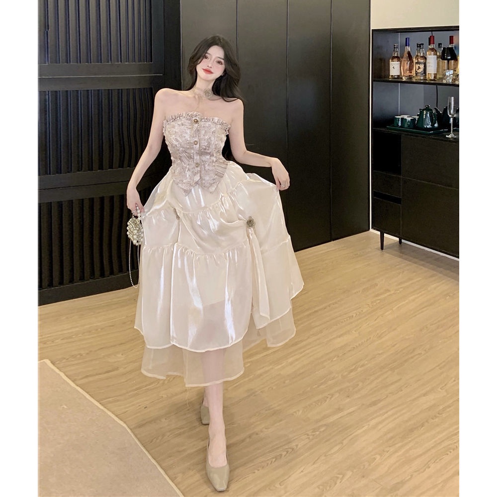 Đầm Ống Lửng Phối Lưới Màu Trơn Phong Cách Pháp Thời Trang Mùa Hè Cho Nữ