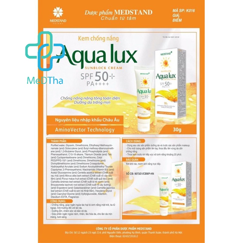 Kem chống nắng AQUA LUX - Chống tia UV, bảo vệ da, dưỡng trắng da, giảm sạm da, đen da, không nhờn rít (30g)