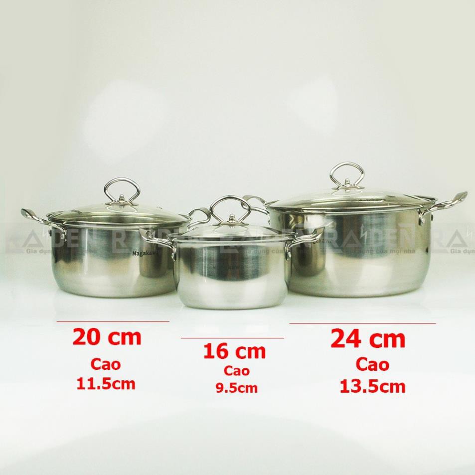 Bộ 3 nồi inox cao cấp 1 đáy Nagakawa NAG1305 (size 16cm, 20cm, 24cm) dùng cho mọi loại bếp - Hàng Chính Hãng