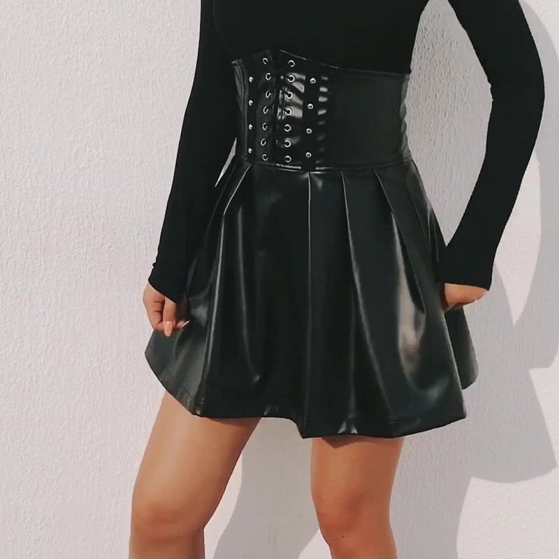Xiangbao Chân Váy Da Giả Mini Lưng Cao Xếp Ly Cột Dây Phía Trước Sau Phong Cách Gothic Punk Harajuku Cho Nữ