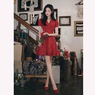 Đầm bi đỏ bèo thắt nơ eo 🍎 Ảnh thật