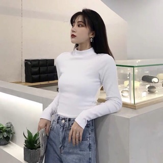 Áo dài tay ulzzang áo cotton nữ cổ cao nhiều màu đen trắng nâu trơn