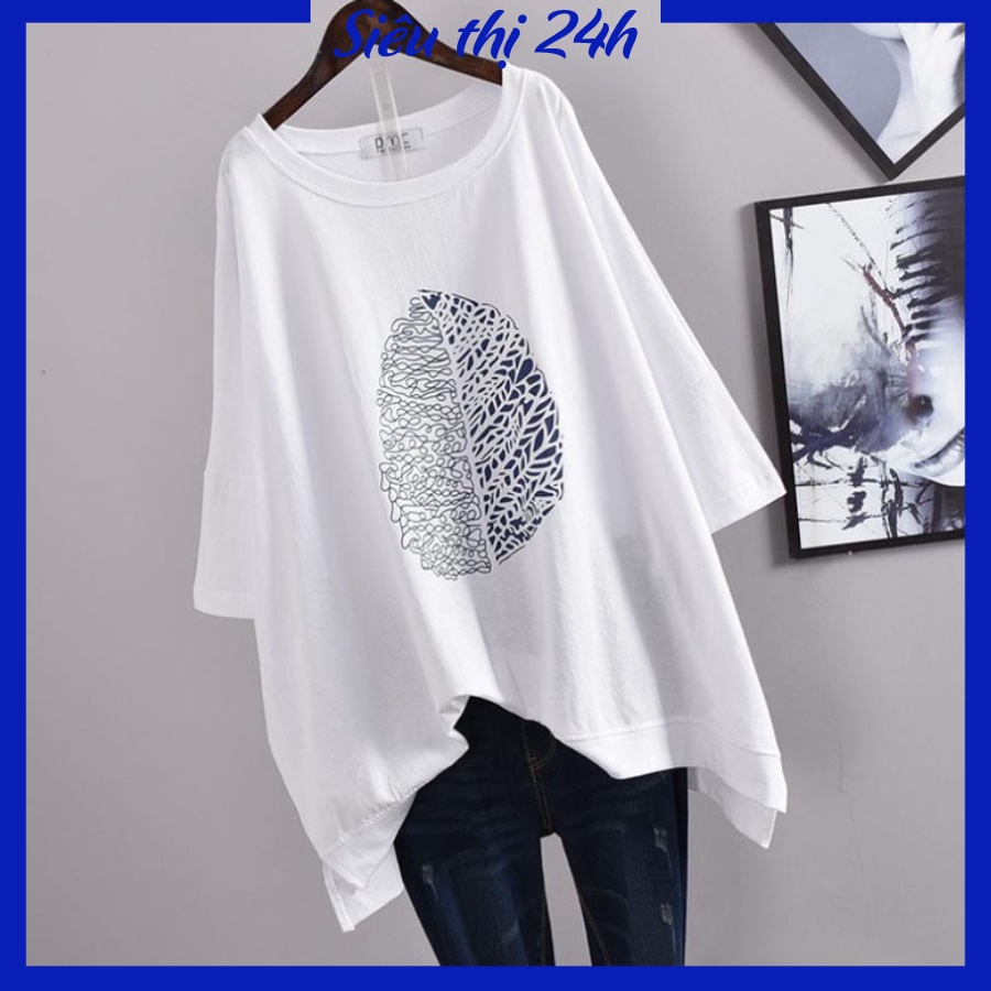 Áo thun nam nữ form rộng tay lỡ, áo phông unisex Siêu thị 24 giờ, chất liệu vải mềm mát in Hình Lá Cây