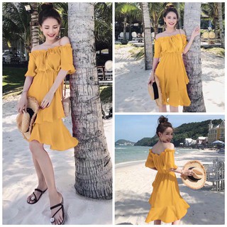 Đầm Nữ Vàng Trễ Vai Bèo (KÈM ẢNH THẬT)