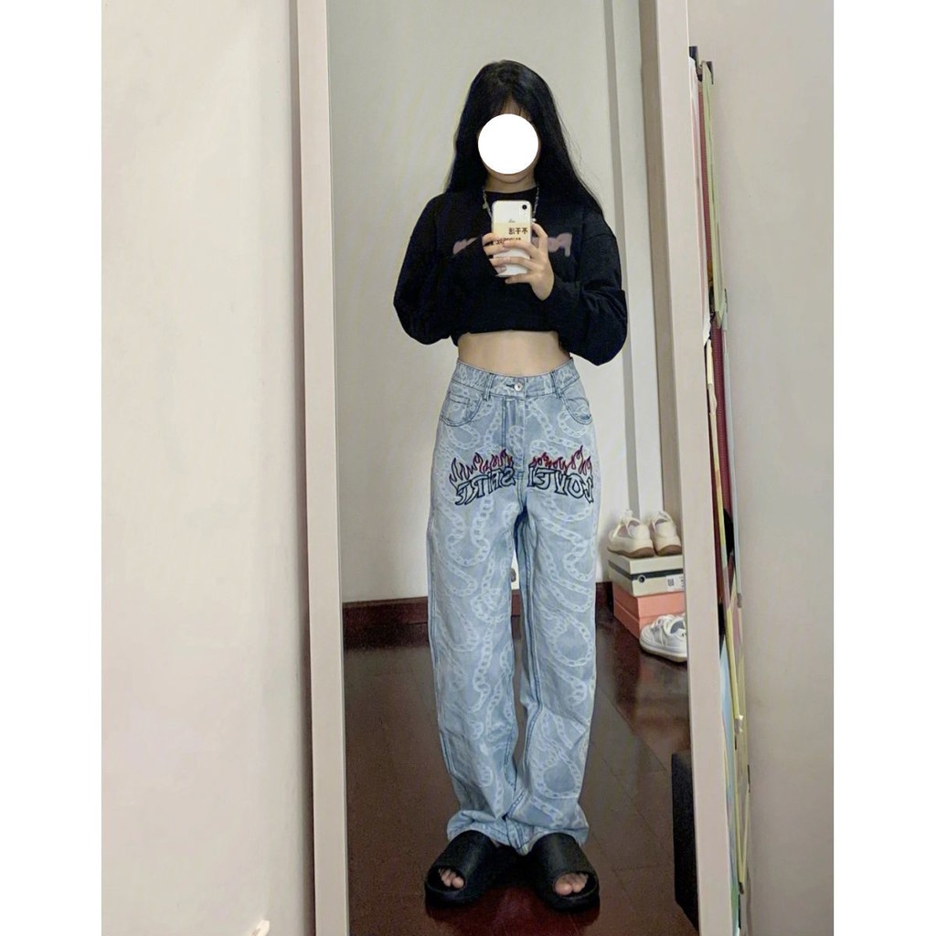 Quần Jeans Ống Suông Thêu Họa Tiết Phong Cách HipHop Âu Mỹ Thời Trang Mùa Thu Cho Nữ