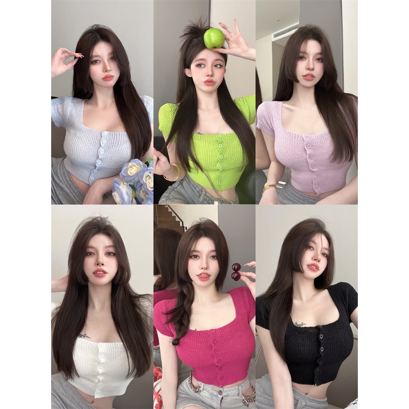 QKOOLE Áo Croptop Dệt Kim Tay Ngắn Cổ Vuông Phong Cách Hàn Quốc Thời Trang Cho Nữ