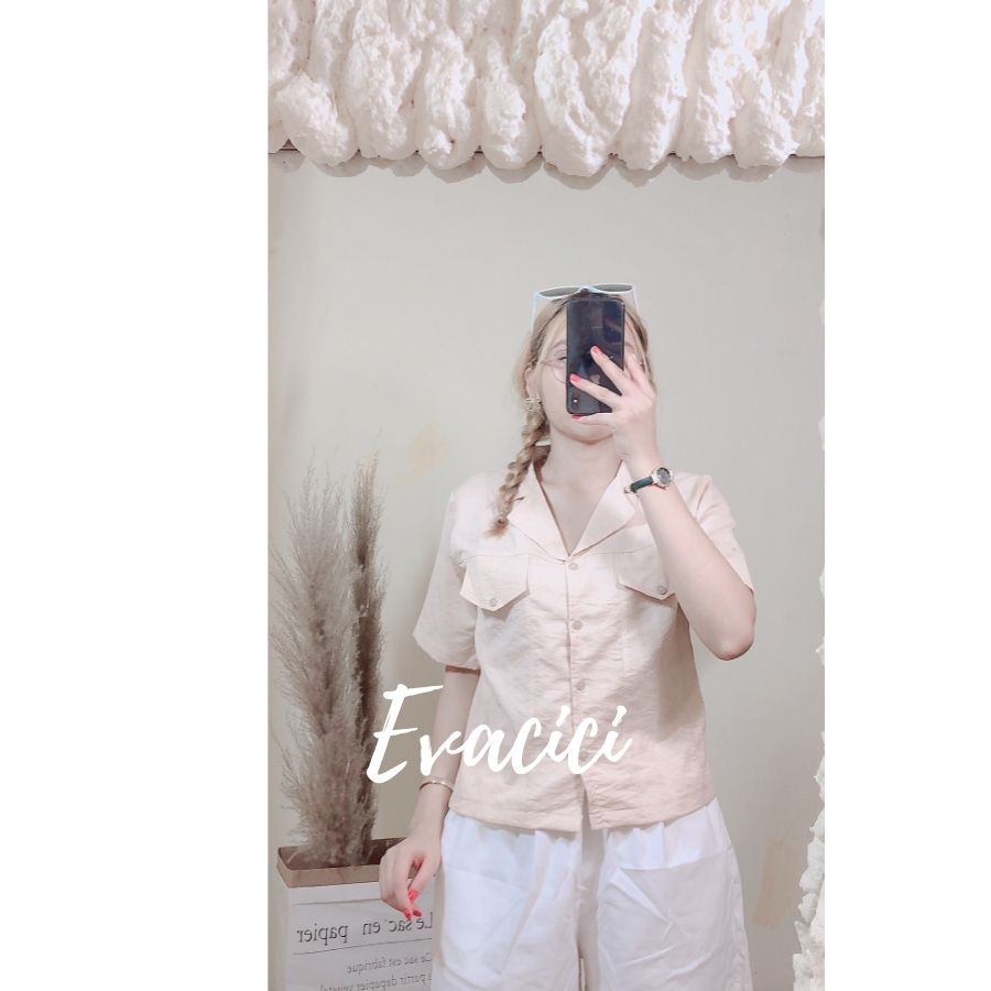 Áo sơ mi cổ vest túi ngực croptop form rộng kiểu Hàn Quốc. Sơ mi nữ cộc tay croprop túi ngực cổ vest. | BigBuy360 - bigbuy360.vn