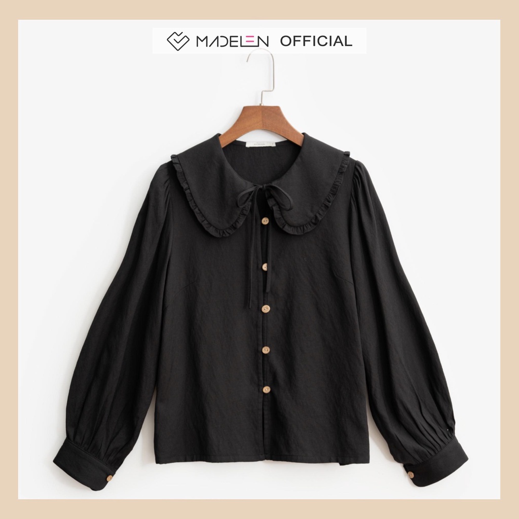 Áo sơ mi đen dài tay nữ MADELEN dáng cổ sen nơ buộc