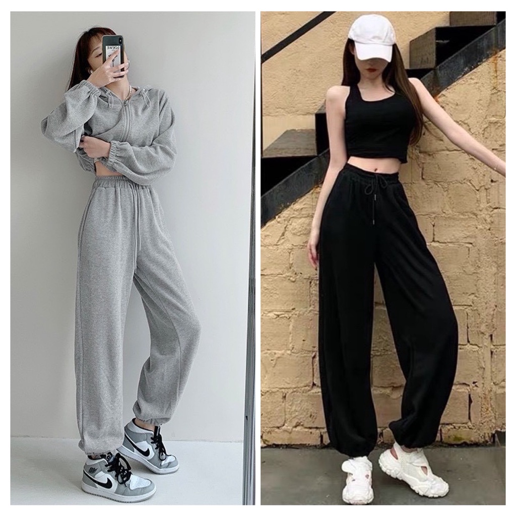 Quần thể thao nam nữ ống rộng quần unisex phong cách bo chun co dãn bigsize