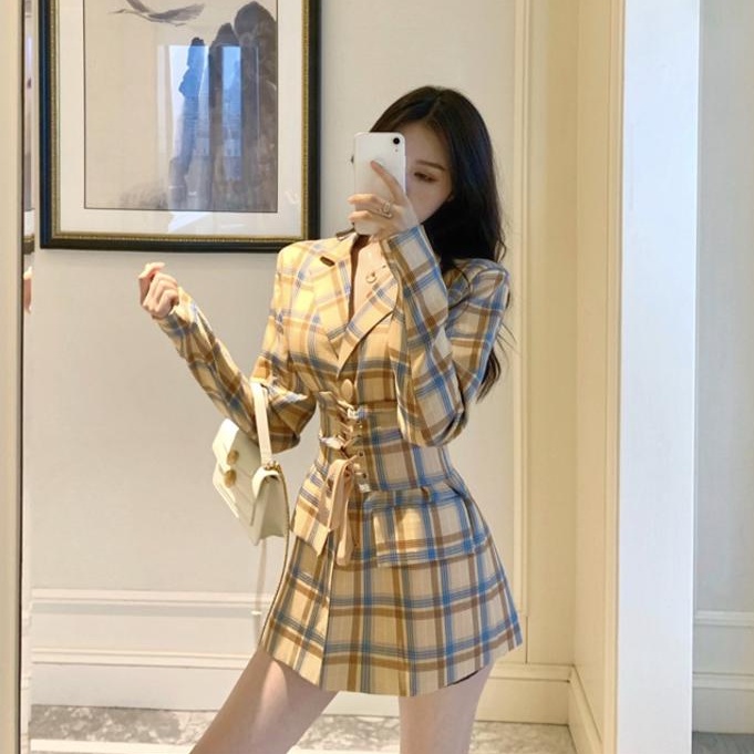 Đầm nữ dáng ôm caro tay dài mini Emilyshop