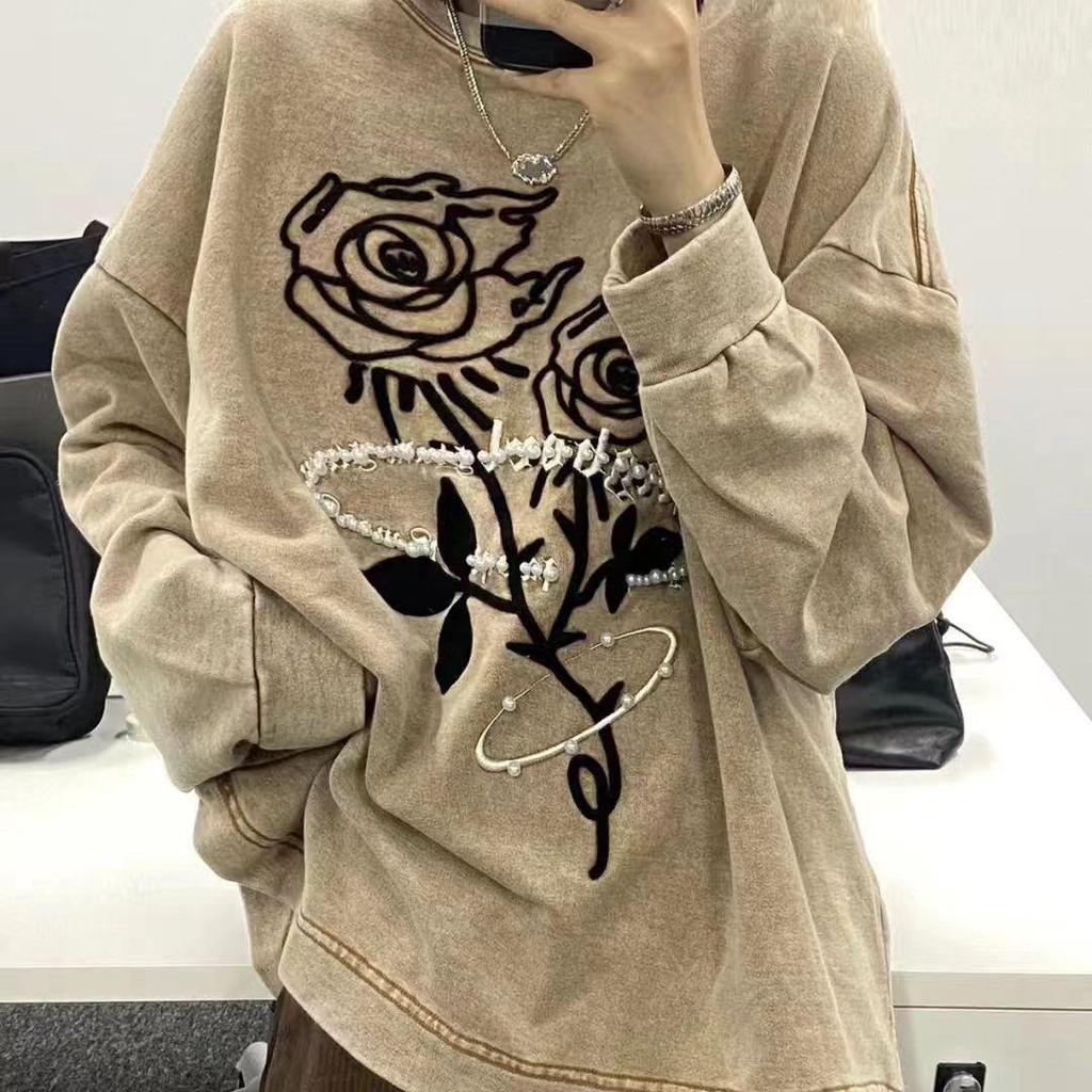 Áo Sweater Cổ Tròn Dáng Rộng Thêu Hình Hoa Hồng Thời Trang Thu Đông Phong Cách Retro Mỹ Mới