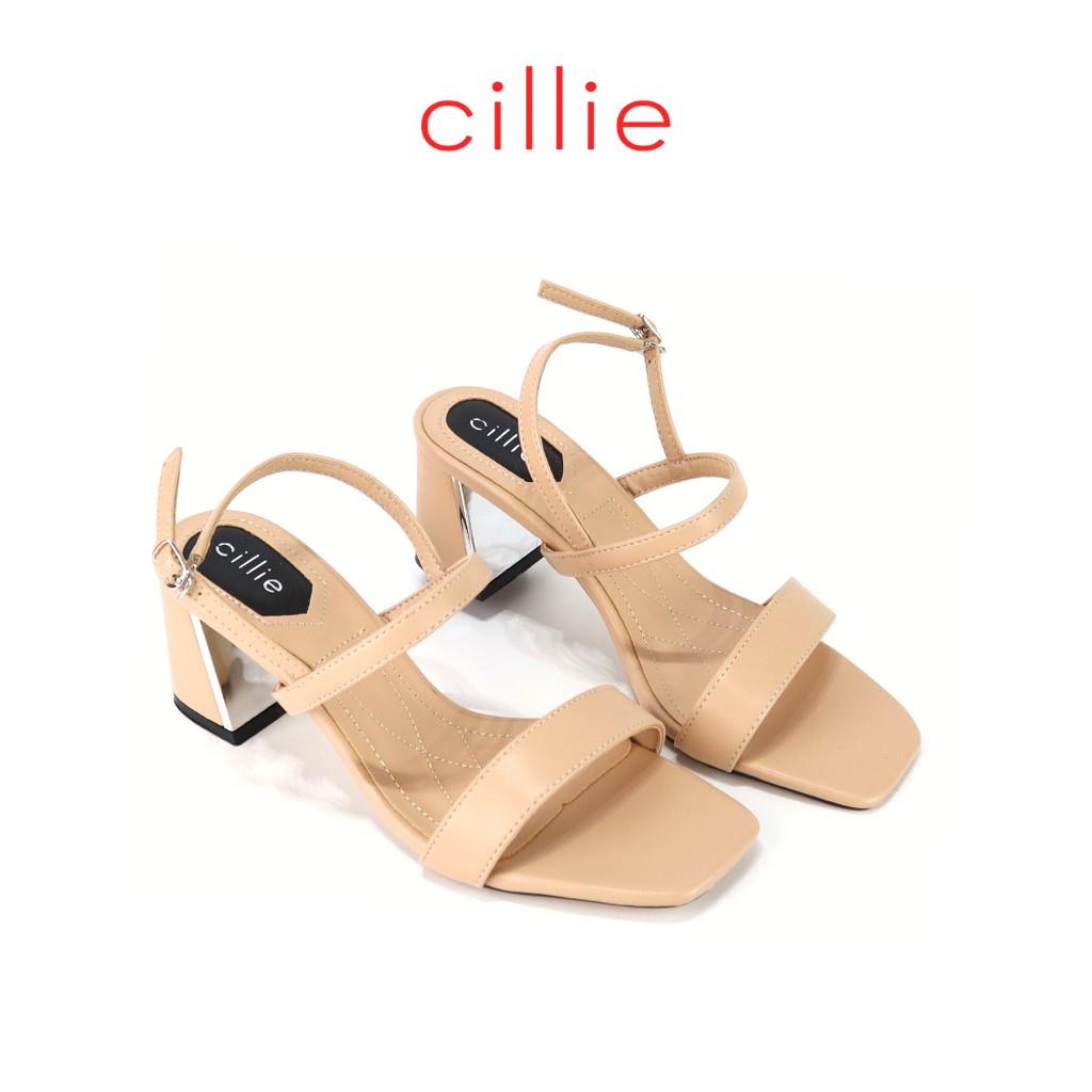 Giày sandal cao gót nữ mũi vuông thời trang phối gót xéo tráng gương độc lạ cao 5cm Cillie