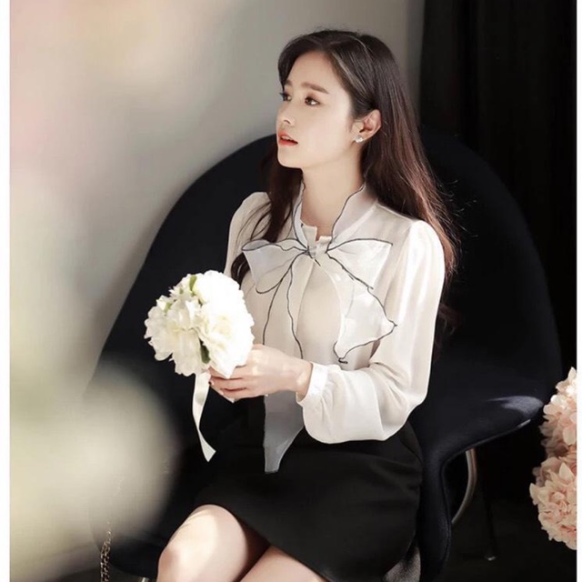 Áo sơ mi nữ cổ nơ viền đen m65