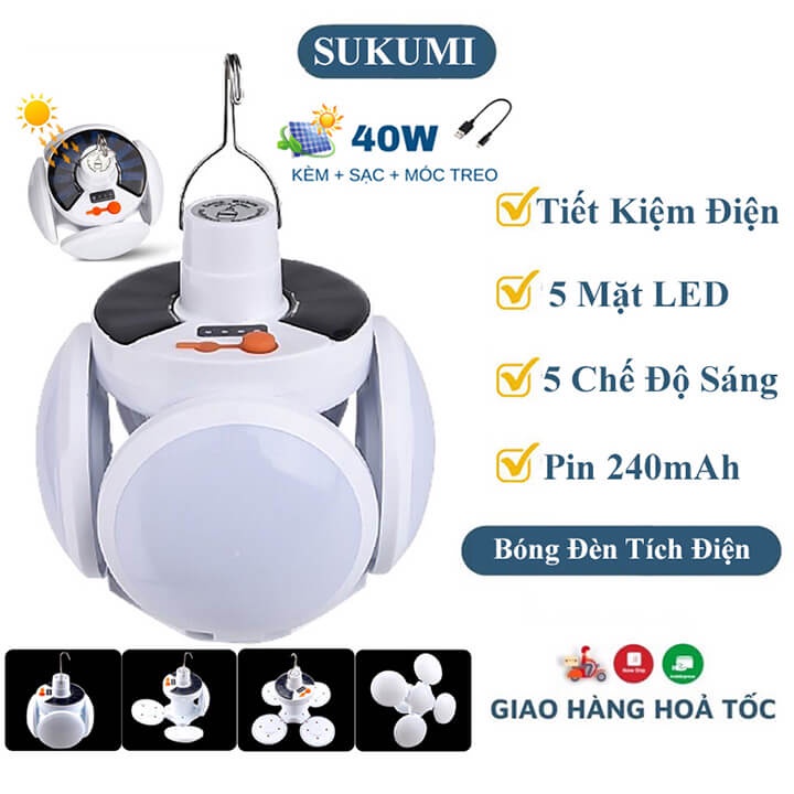 Đèn Led Năng Lượng Mặt Trời 4 Cánh 5 Bóng Football UFO Lamp 40W, Bóng Đèn Siêu Sáng Tích Điện Ngoài Trời 5 Chế Độ