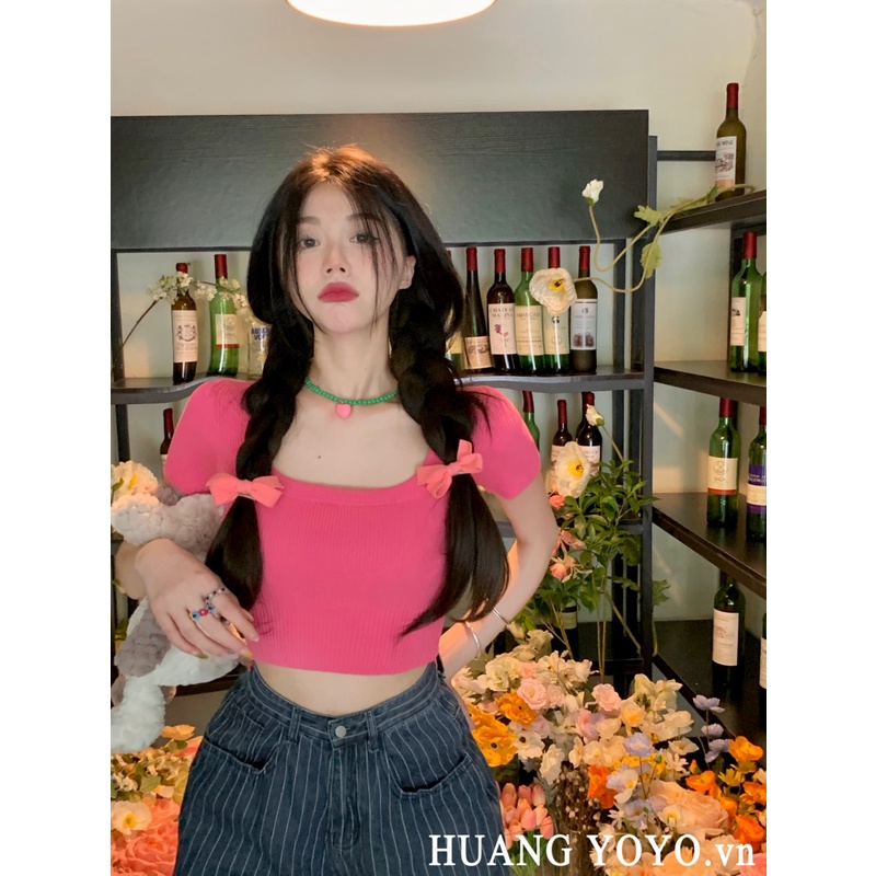 HUANG YOYO Áo Thun Tay Ngắn Dệt Kim Vải Lụa Mỏng Màu Hồng Thời Trang Mùa Hè Hàn Quốc Cho Nữ 2023 croptop