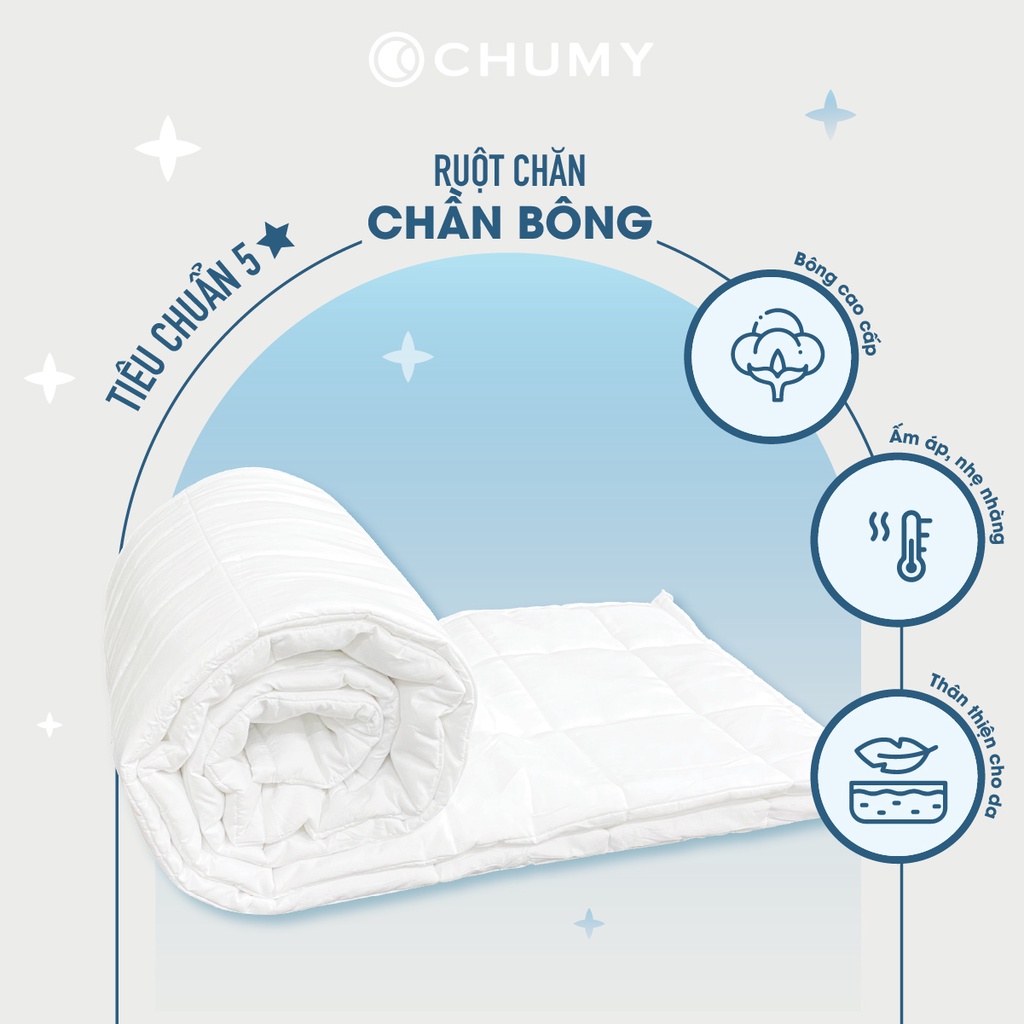Ruột chăn bông tấm CHUMY chần 3 lớp, kích thước 2mx2m2, 4 góc có dây móc cố định chắc chắn