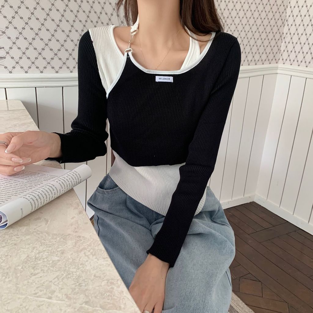 Áo Thun Dài Tay Giả Hai Lớp Phong Cách Hàn Quốc Thời Trang Mùa Thu Mới Cho Nữ