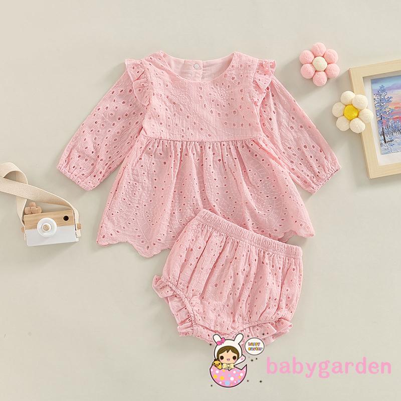 Bộ Áo Thun Tay Dài Cổ Tròn Màu Trơn Phối Quần Short Lưng Thun Thời Trang Cho Bé Gái 3-24 Tháng Tuổi