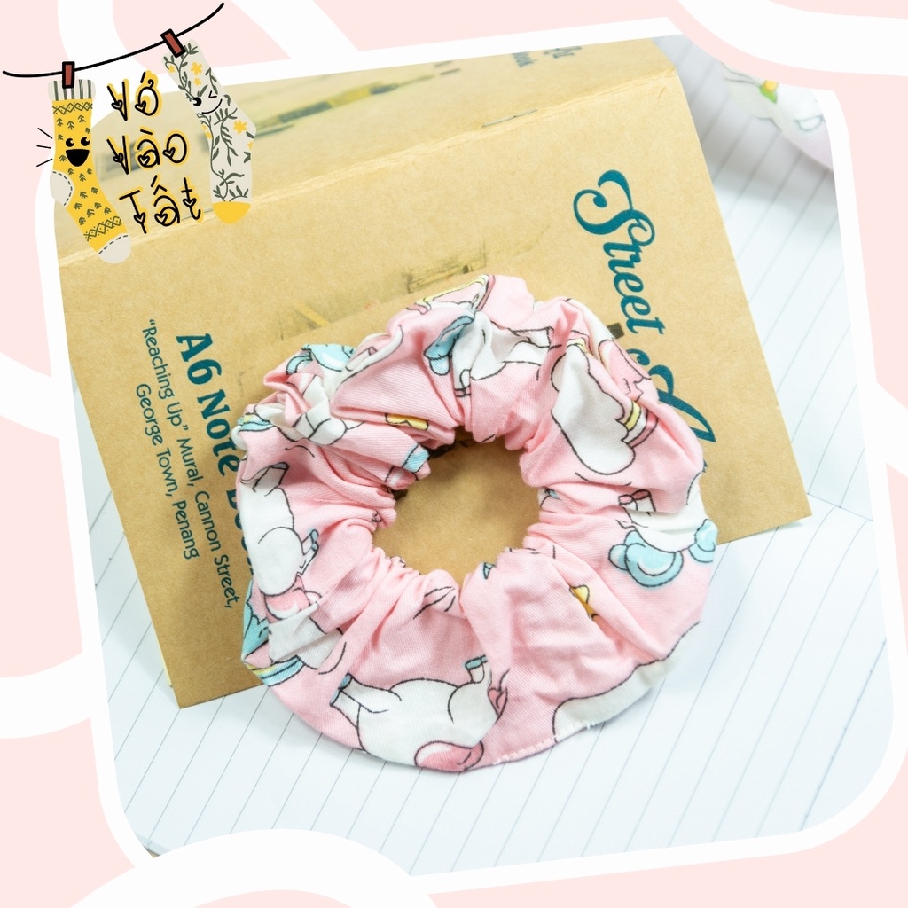 Buộc tóc scrunchies vải đũi trơn họa tiết thú hoạt hình dễ thương