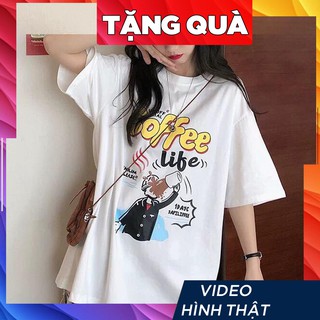 Áo phông tay lỡ freesize  nữ Unisex thun form rộng, mặc cặp, nhóm, lớp in chữ coffee like - ly cà phê - màu trắng