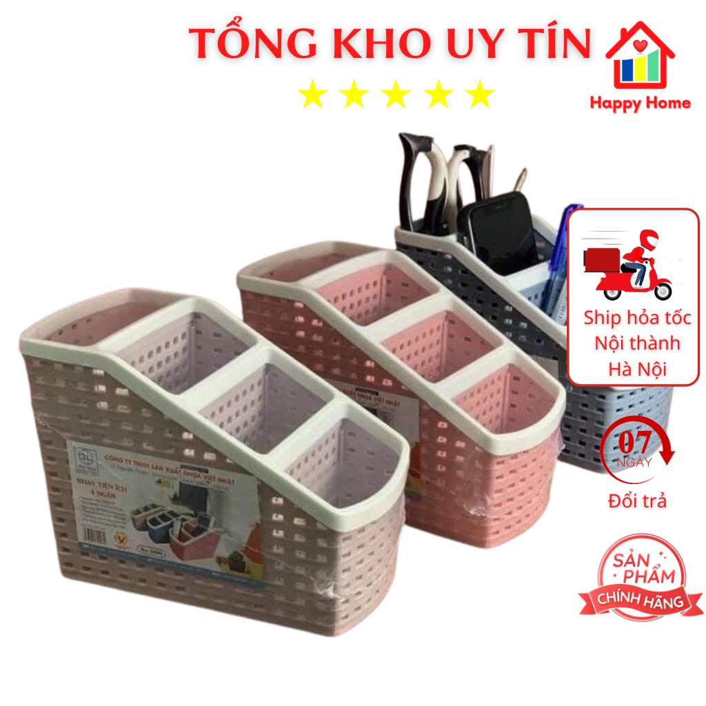 Khay nhựa tiện ích 4 ngăn, để bàn, đựng đồ, đựng bút, Rỏ đồ dùng đa năng Happy Home