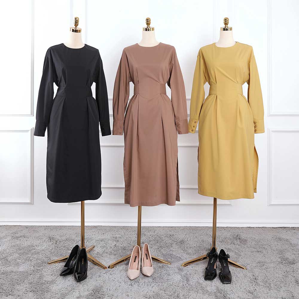 Váy đầm nữ xếp ly tà, đai eo sau lưng, cổ tròn, tay dài hàng thiết kế cao cấp TK Fashion - DK B47