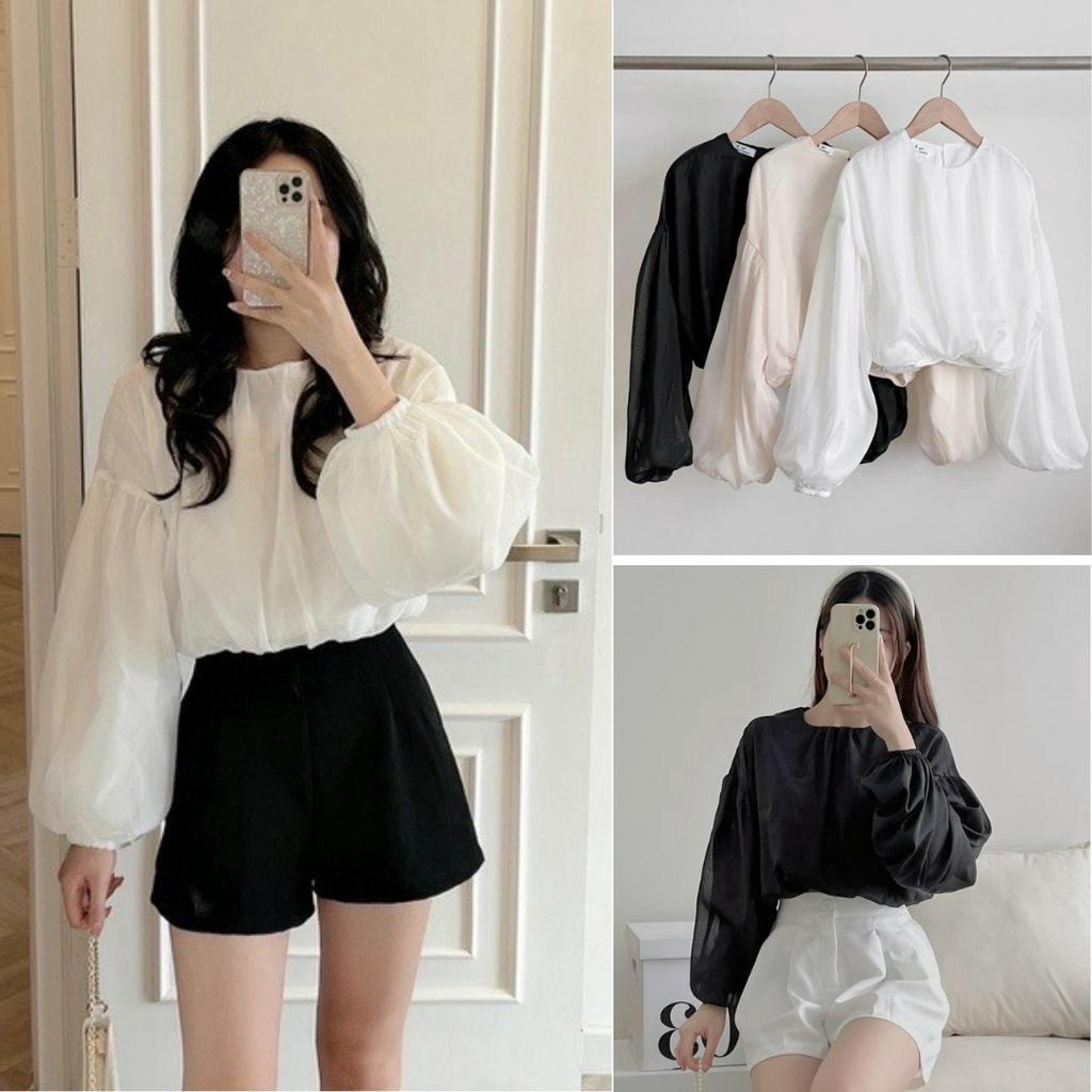 Áo sơ mi lụa croptop tay phồng freesize tiểu thư MSP LACO123