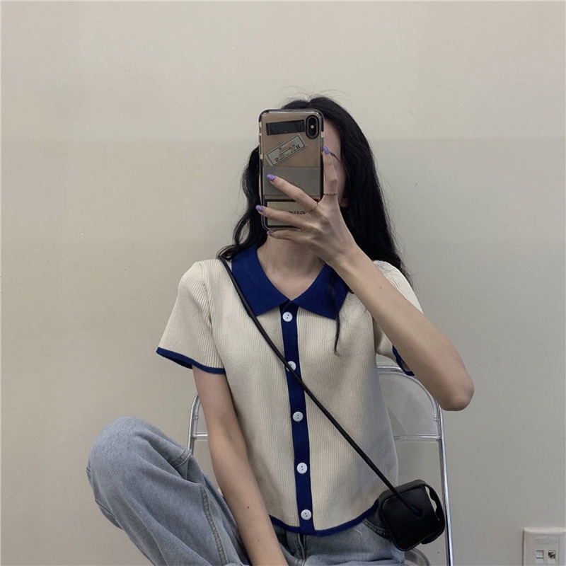 Brroa Áo Cardigan Dệt Kim Ngắn Tay Cài Nút Phối Màu Xinh Xắn Cho Nữ