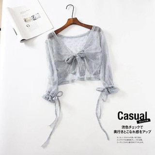 Áo Khoác Ren Mỏng Cột Nơ Tay Dài
